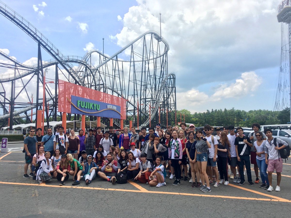 Group of students on a day trip to Fuji-Q Highland amusement park near Mt. Fuji